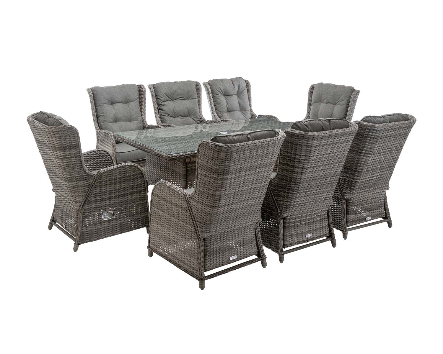 Fiji 8 Reclining Rattan Garden Dining Chairs Large Rectangular Table In Grey