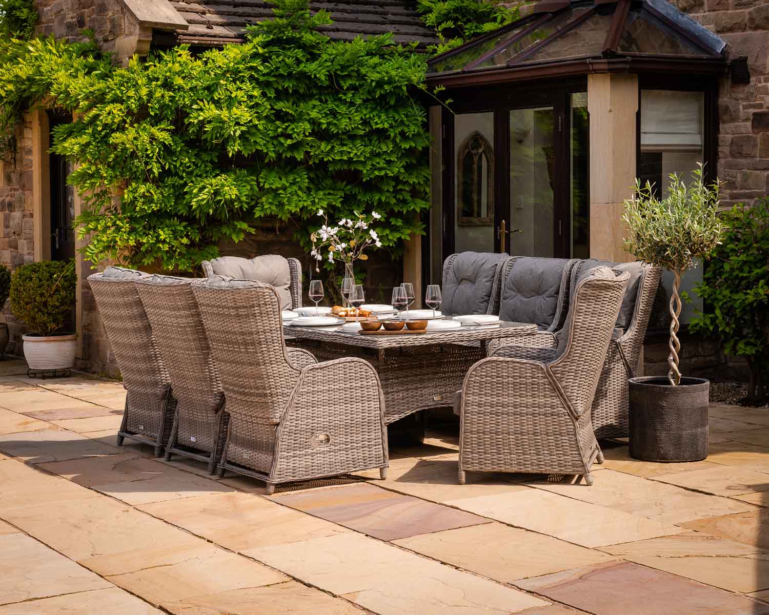 Product photograph of Reclining Rattan Garden Dining Set With 8 Chairs Large Rectangular Table In Grey - Fiji - Rattan Direct from Rattan Direct