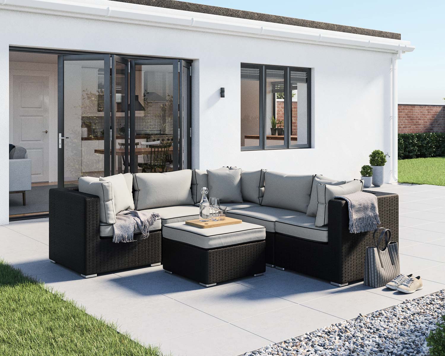 Product photograph of 6 Piece Rattan Garden Corner Sofa Set In Black White - Florida - Rattan Direct from Rattan Direct