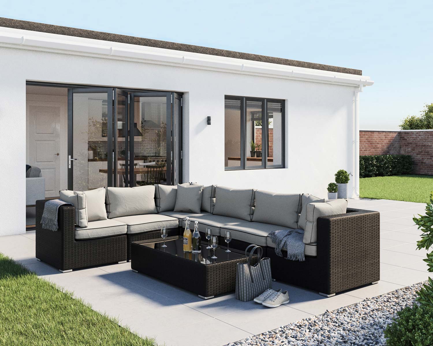 Product photograph of Rattan Corner Sofa Set In Black - Sofa Coffee Table - Geneva - Rattan Direct from Rattan Direct