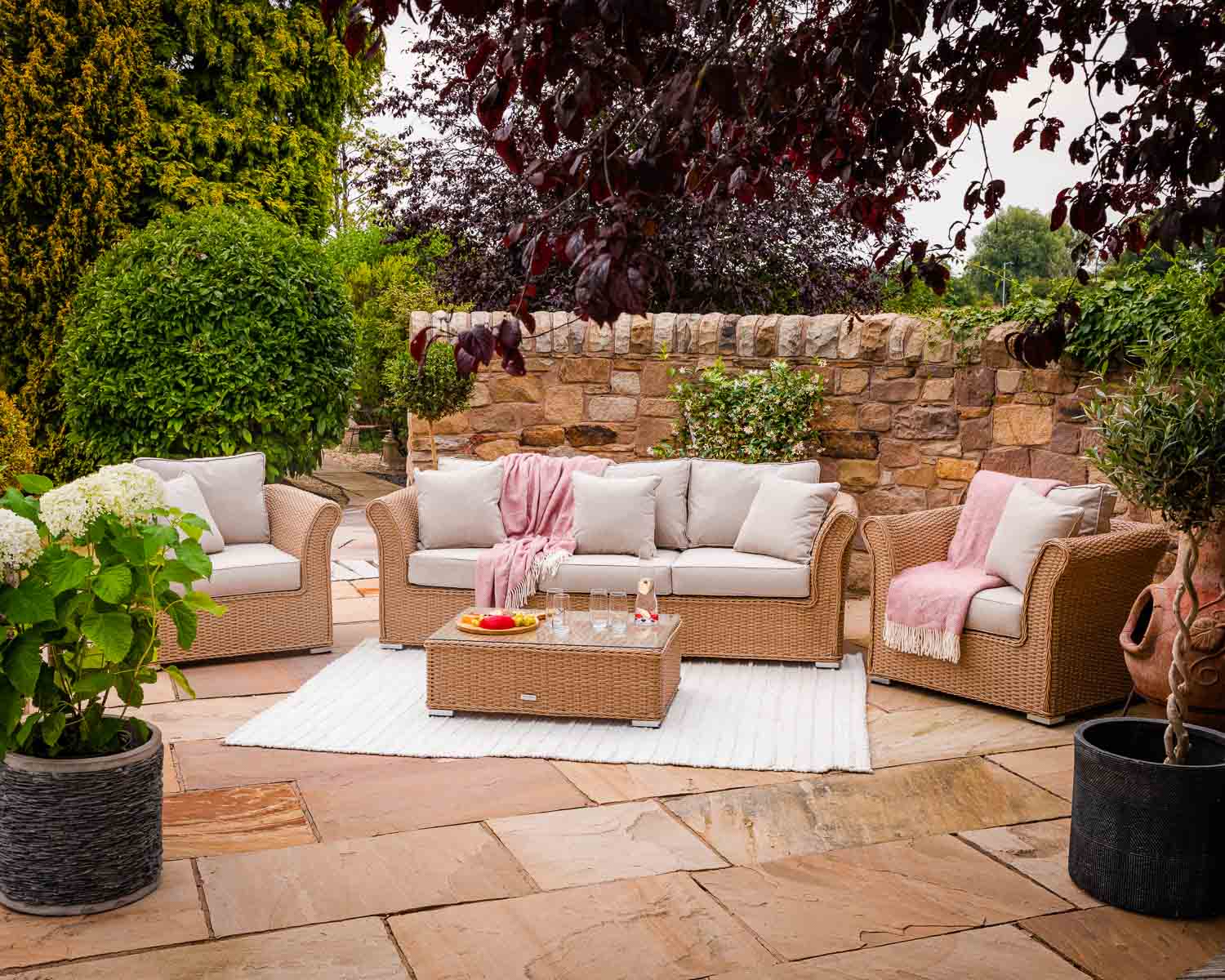 Product photograph of 3 Seater Rattan Garden Sofa Armchair Set In Willow - Lisbon - Rattan Direct from Rattan Direct