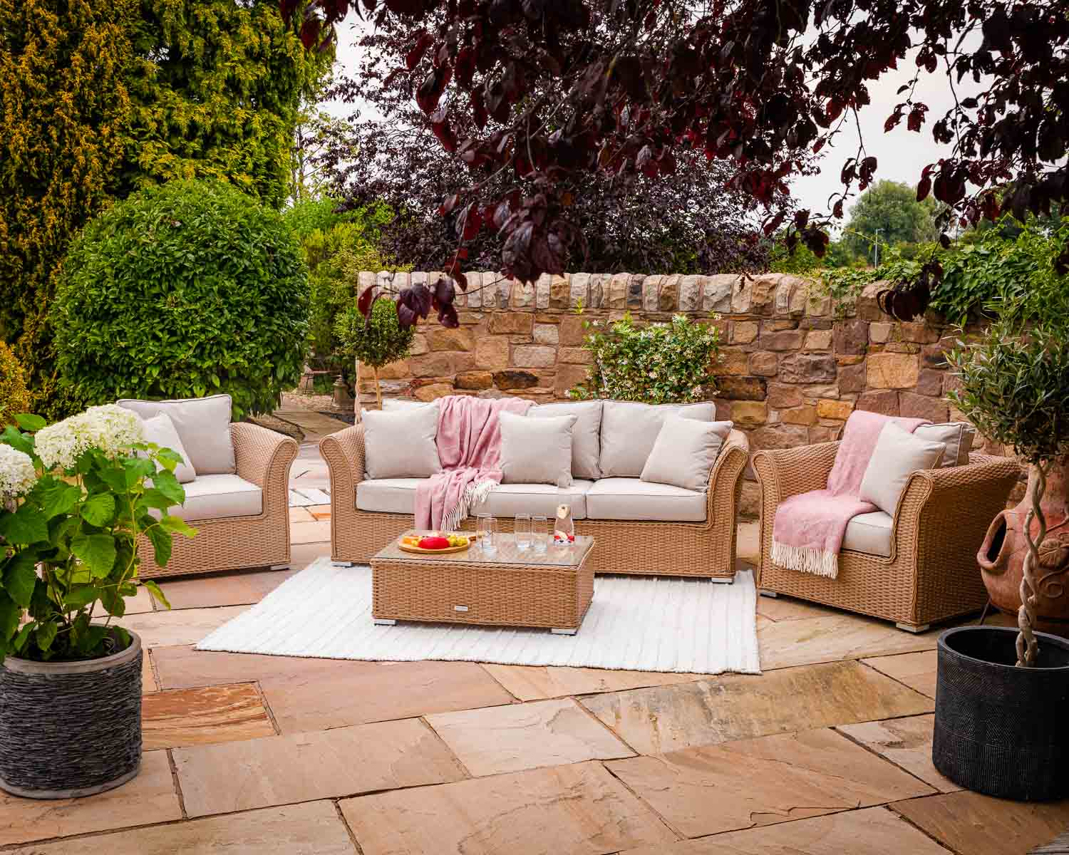 3 Seater Rattan Garden Sofa & Armchair Set in Willow - Lisbon - Rattan Direct