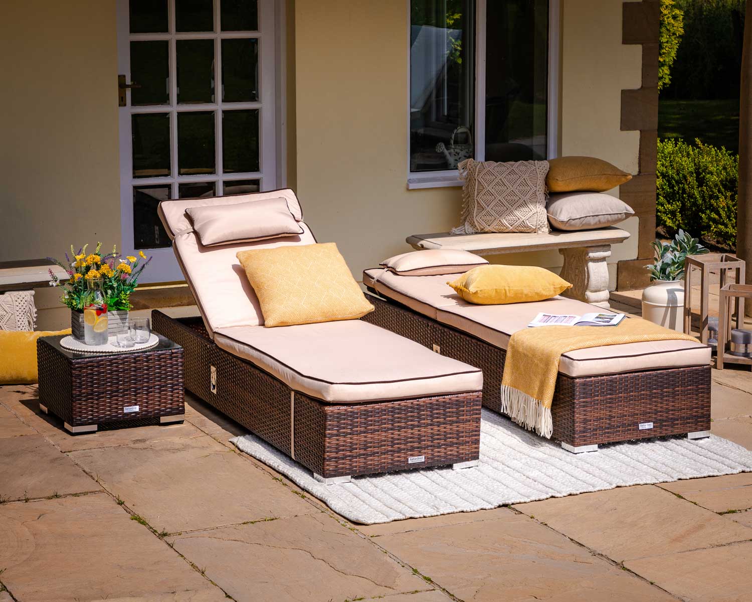 Product photograph of Rattan Garden Reclining Sun Lounger Set In Brown - Miami - Rattan Direct from Rattan Direct