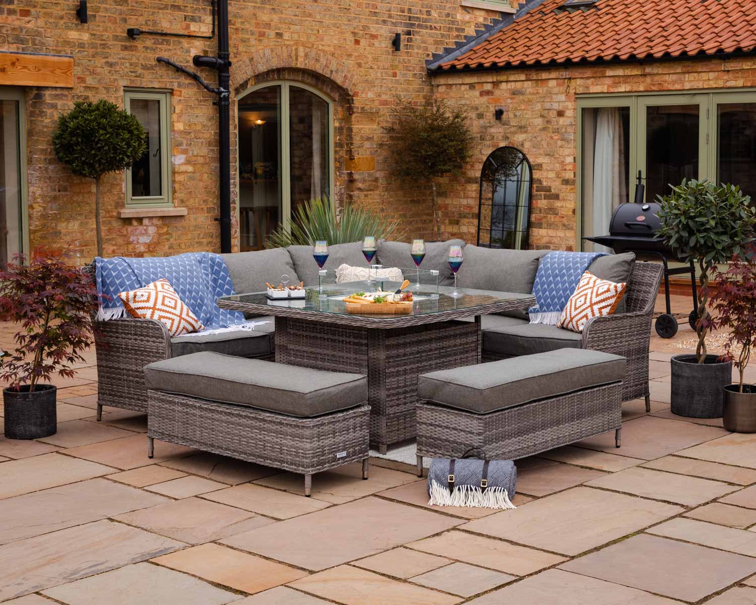 Product photograph of Rattan Garden Corner Dining Set With Square Fire Pit Dining Table In Grey - Monte Carlo - Rattan Direct from Rattan Direct
