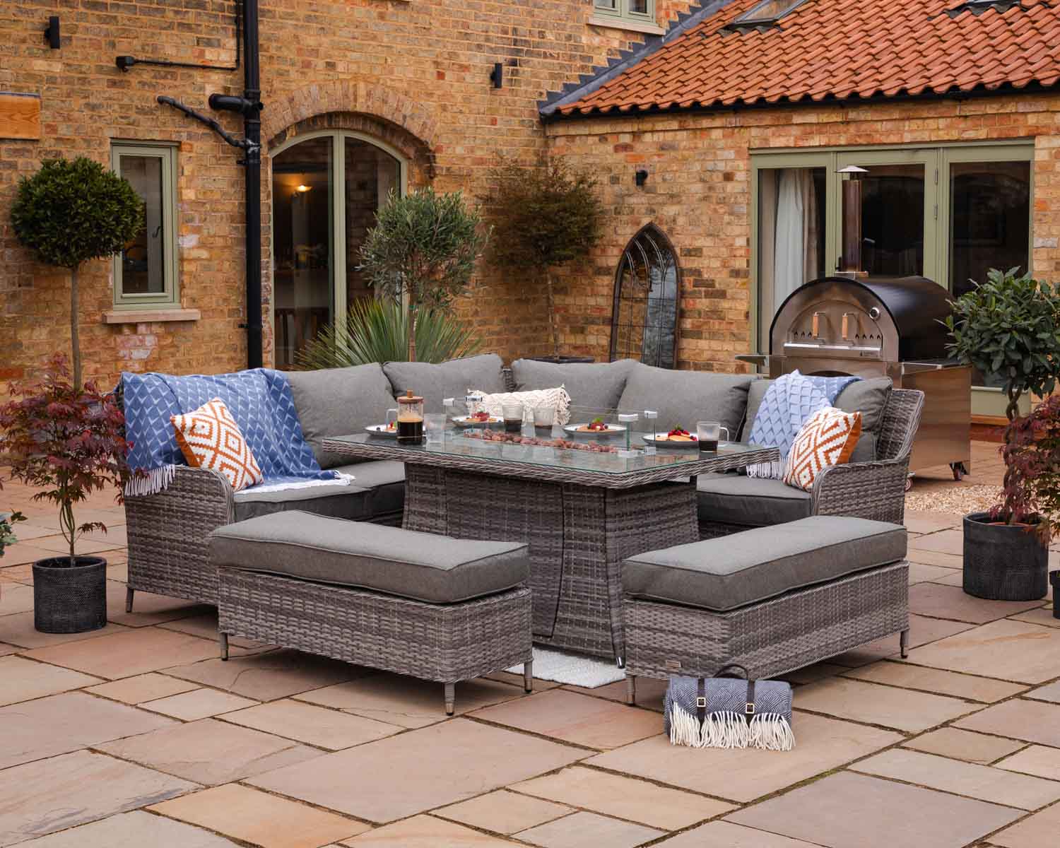 Product photograph of Rattan Garden Corner Dining Set With Rectangular Fire Pit Dining Table In Grey - Monte Carlo - Rattan Direct from Rattan Direct