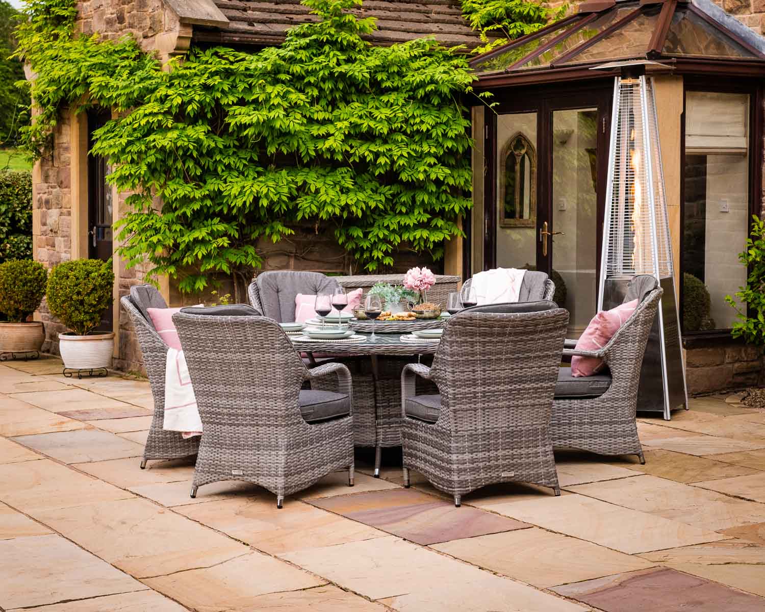 Product photograph of Rattan Garden Set With 6 Dining Chairs Large Round Table In Grey - Marseille - Rattan Direct from Rattan Direct