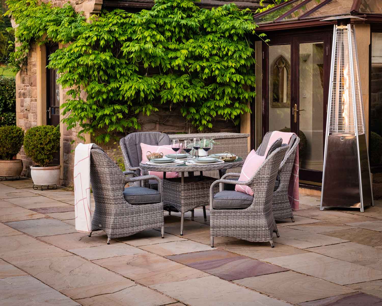 Product photograph of Rattan Garden Set With 4 Dining Chairs Small Round Table In Grey - Marseille - Rattan Direct from Rattan Direct