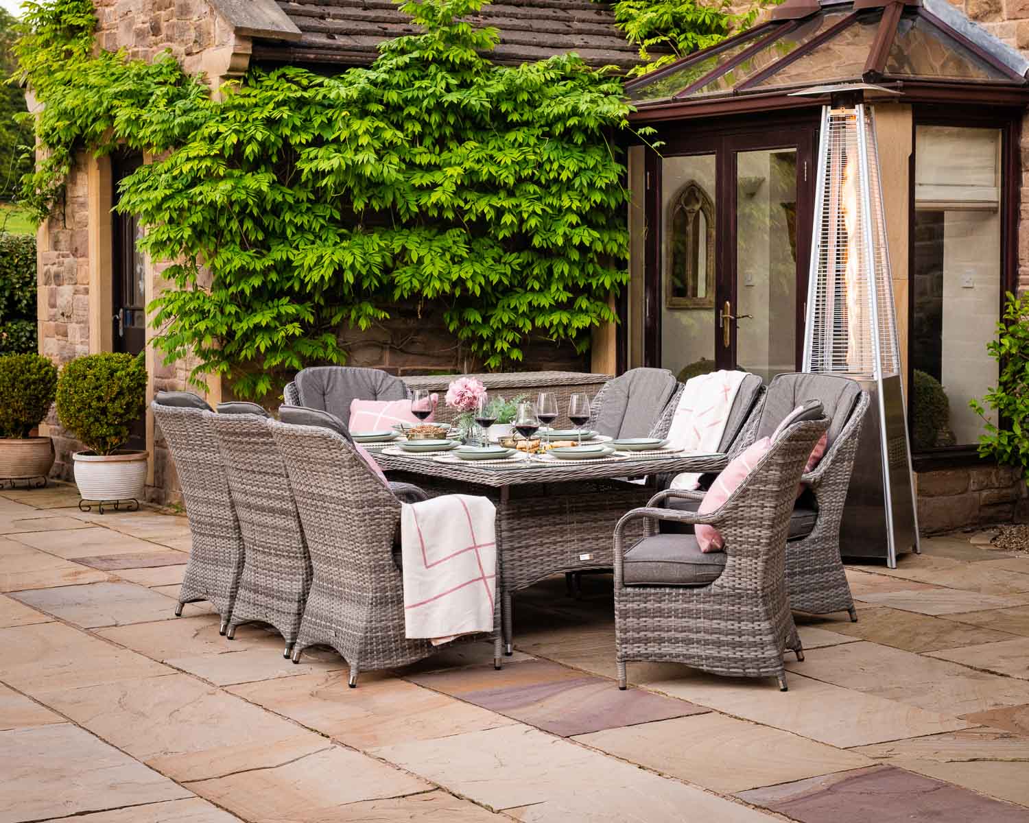 Product photograph of Rattan Garden Set With 8 Dining Chairs Large Rectangular Table In Grey - Marseille - Rattan Direct from Rattan Direct
