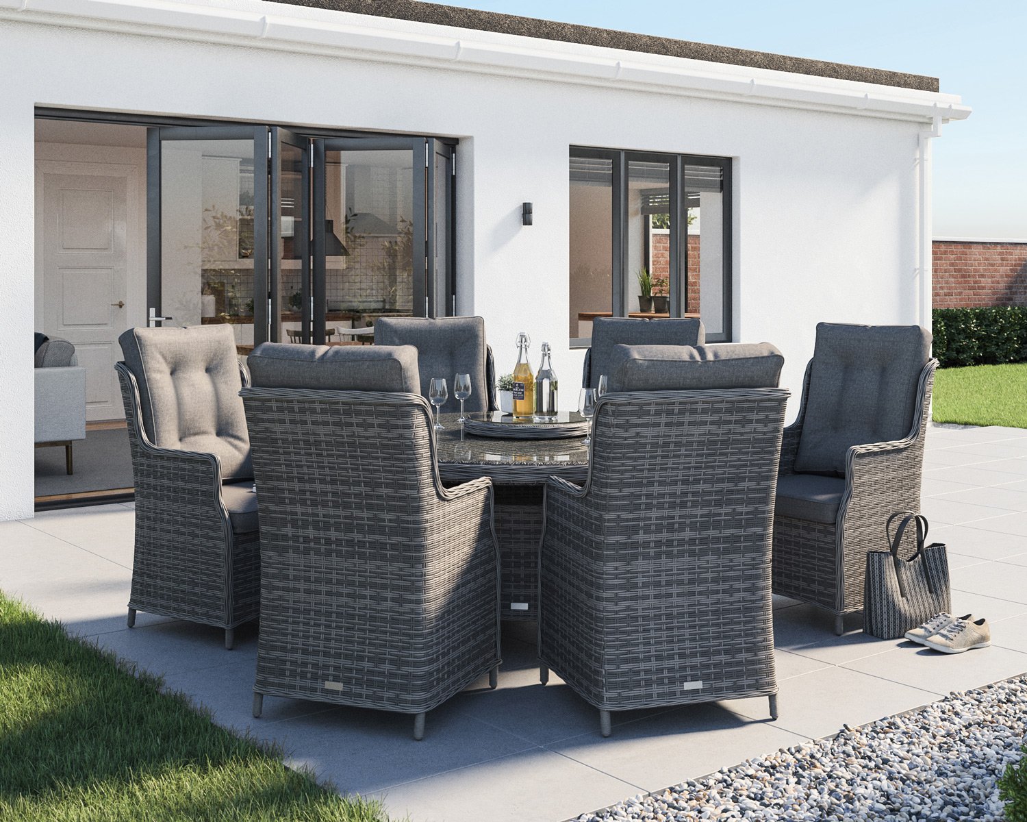 Product photograph of 6 Seat Rattan Garden Dining Set With Large Round Table In Grey - Riviera - Rattan Direct from Rattan Direct
