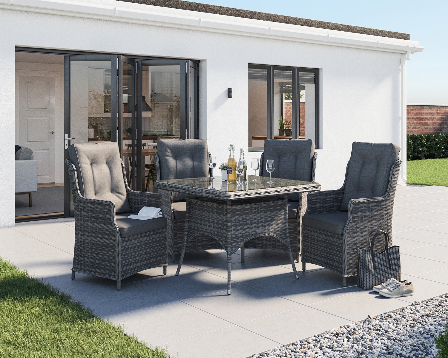 Product photograph of 4 Rattan Garden Dining Chairs Square Dining Table In Grey - Riviera - Rattan Direct from Rattan Direct