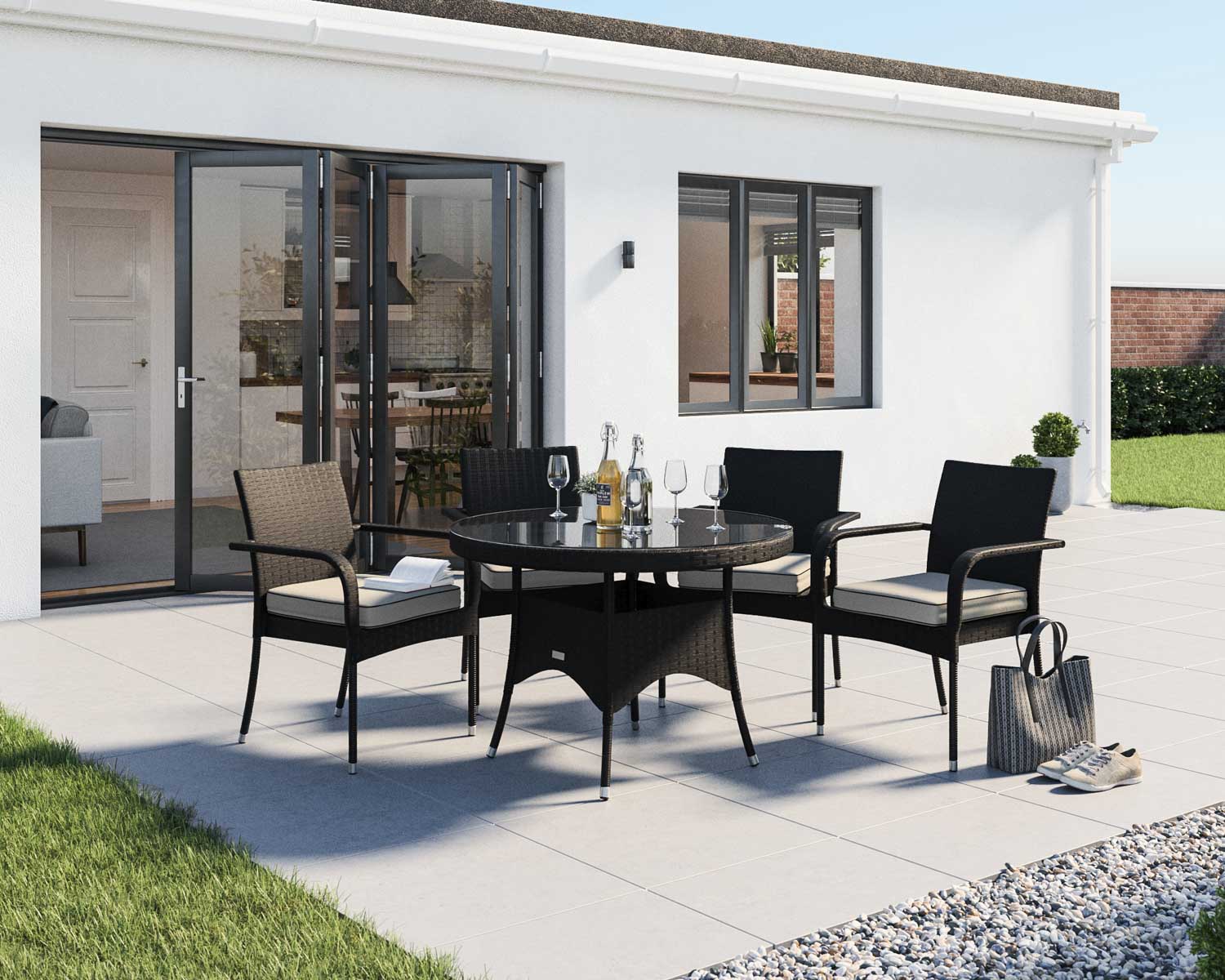Product photograph of 4 Rattan Garden Chairs Small Round Dining Table Set In Black White - Roma - Rattan Direct from Rattan Direct