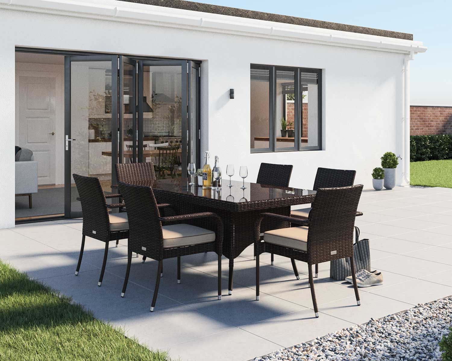 Product photograph of 6 Seat Rattan Garden Dining Set With Rectangular Dining Table In Brown - Roma - Rattan Direct from Rattan Direct