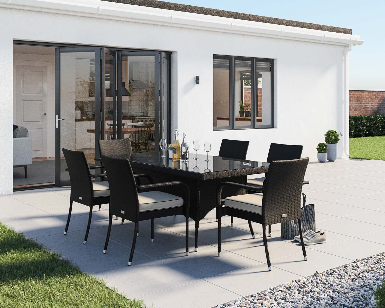 Product photograph of 6 Seat Rattan Garden Dining Set With Rectangular Dining Table In Black White - Roma - Rattan Direct from Rattan Direct