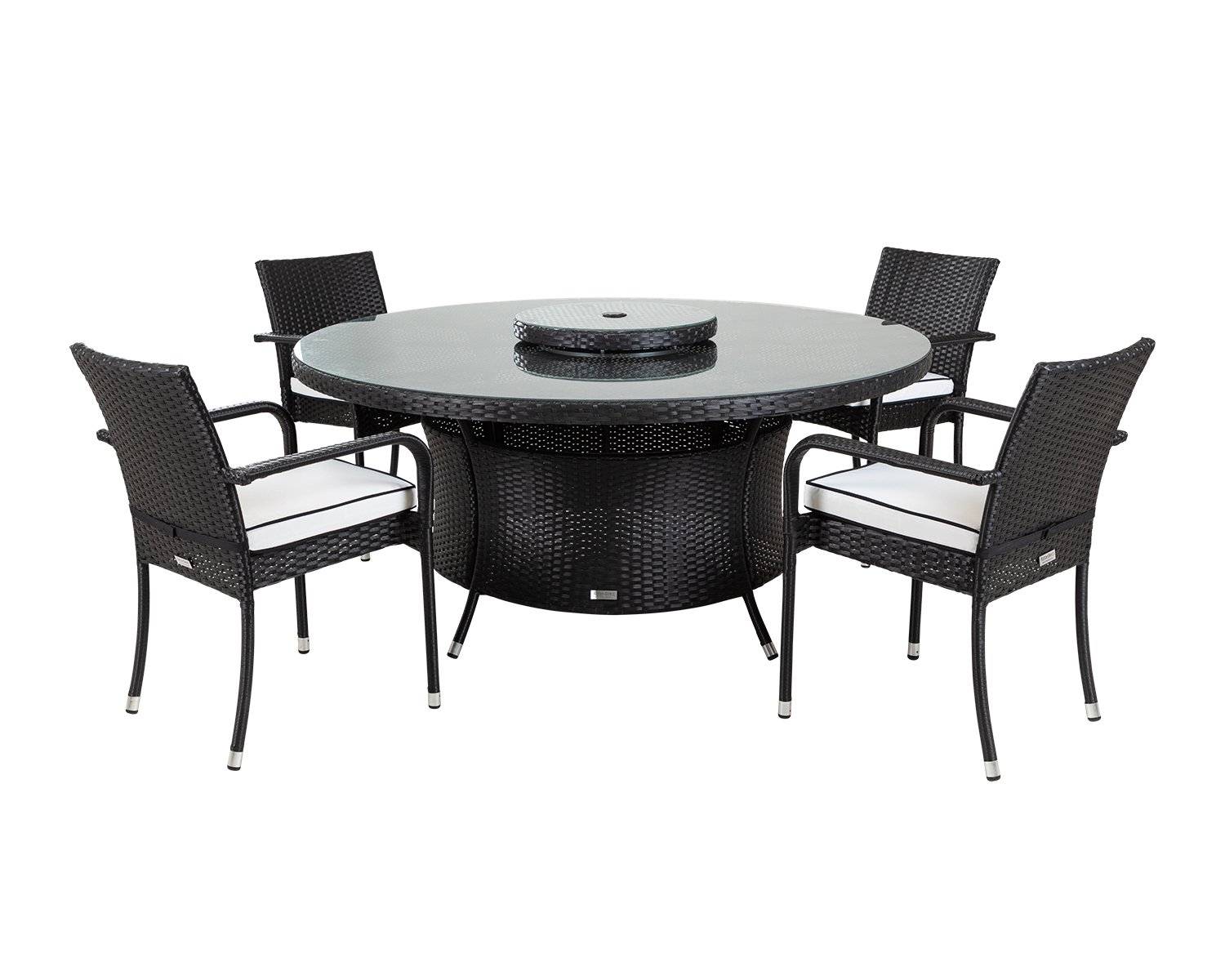 Product photograph of 4 Rattan Garden Chairs Large Round Dining Table Lazy Susan Set In Black White - Roma - Rattan Direct from Rattan Direct