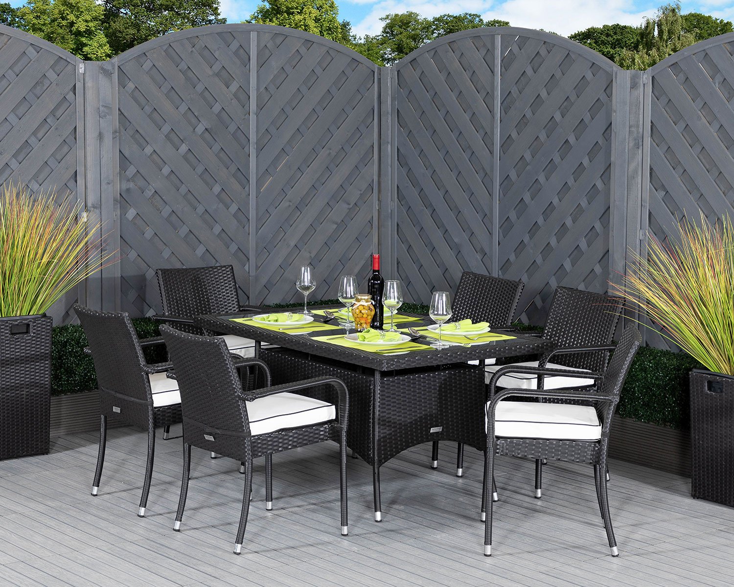 Product photograph of 6 Seat Rattan Garden Dining Set With Small Rectangular Dining Table In Black White - Roma - Rattan Direct from Rattan Direct
