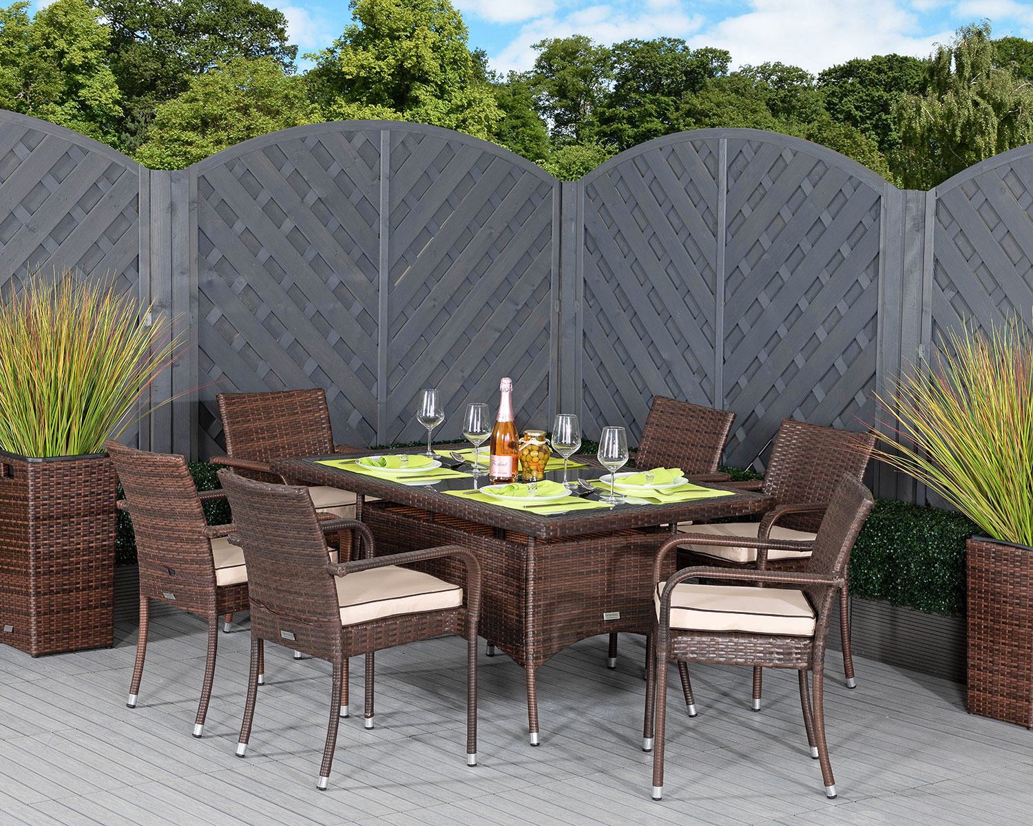 Product photograph of 6 Rattan Garden Chairs Small Rectangular Dining Table Set In Brown - Roma - Rattan Direct from Rattan Direct