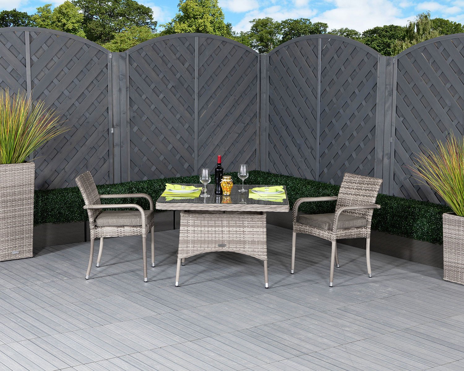 Product photograph of Square Rattan Garden Dining Table 2 Stackable Chairs In Grey - Roma - Rattan Direct from Rattan Direct