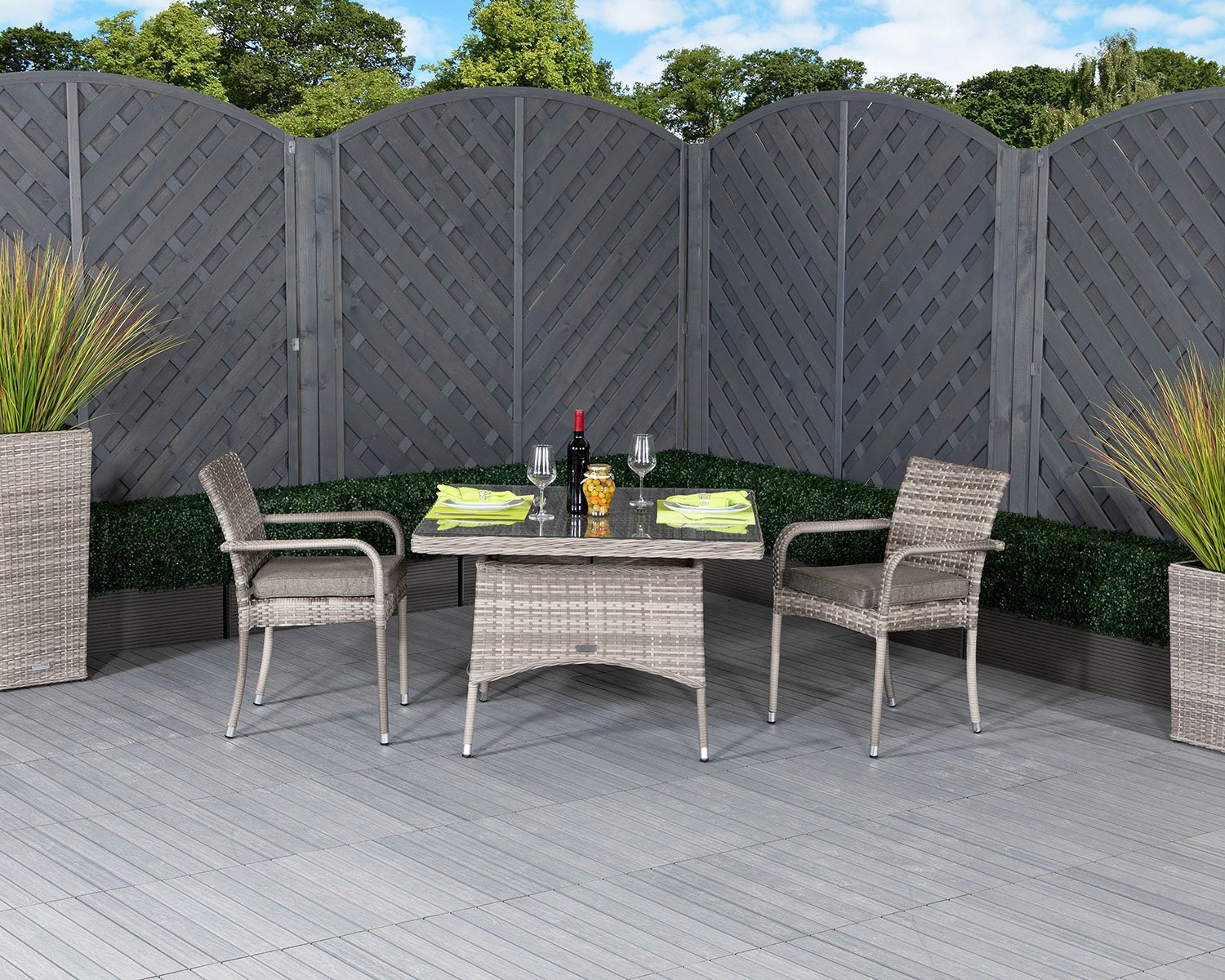 Square Rattan Dining Table 2 Stackable Chairs In Grey Roma Rattan Direct