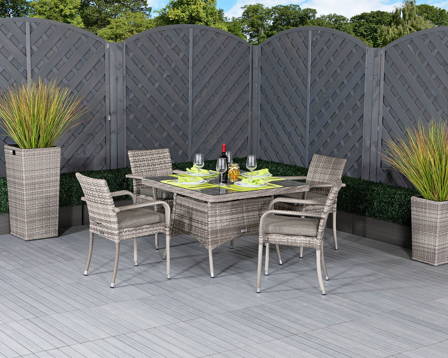 Product photograph of 4 Seat Rattan Garden Dining Set With Square Dining Table In Grey - Roma - Rattan Direct from Rattan Direct