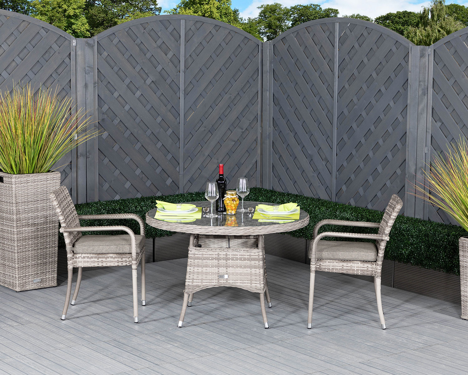 Product photograph of Small Round Rattan Garden Dining Table 2 Stackable Chairs In Grey - Roma - Rattan Direct from Rattan Direct