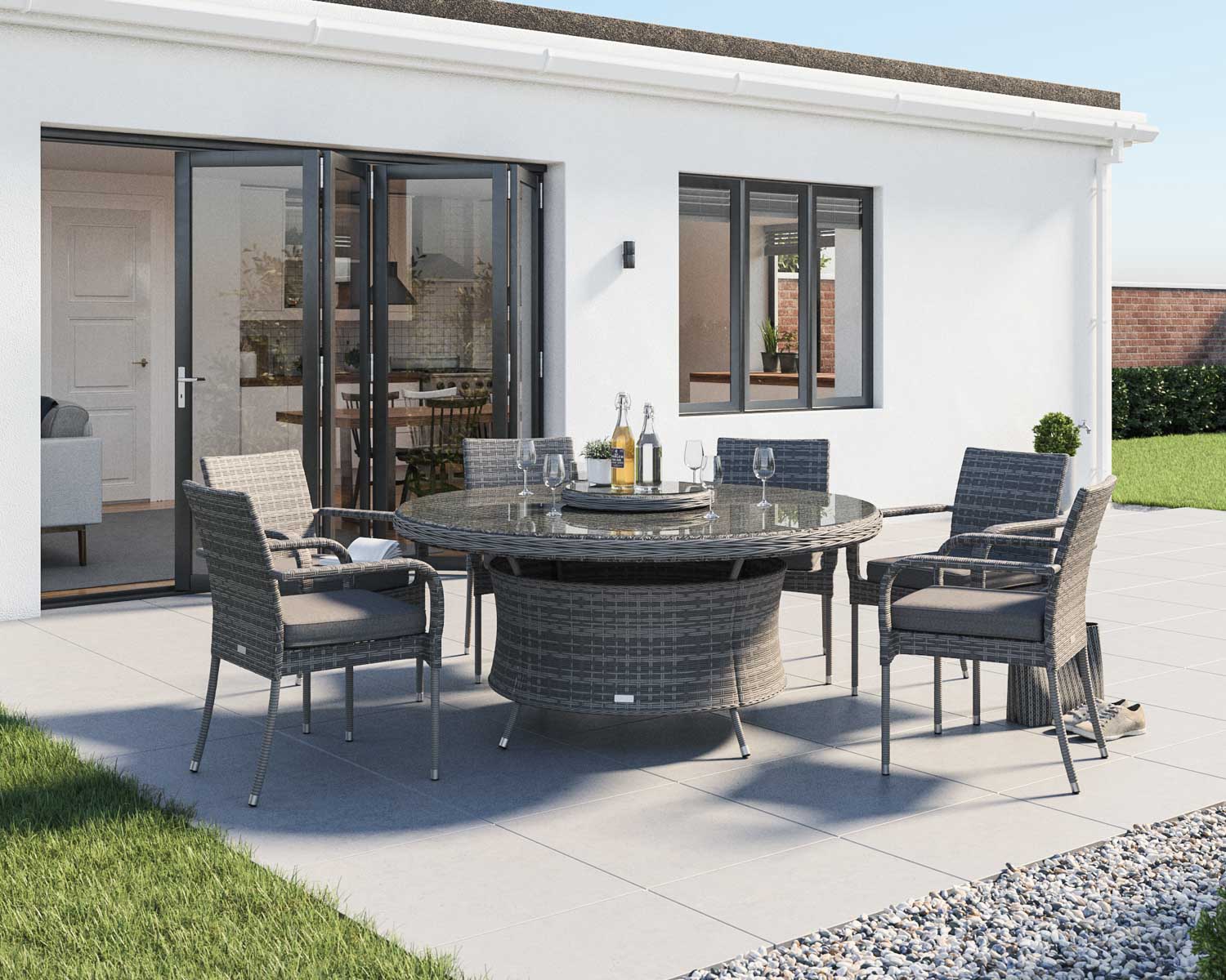 Product photograph of 6 Seat Rattan Garden Dining Set With Large Round Dining Table In Grey - Roma - Rattan Direct from Rattan Direct