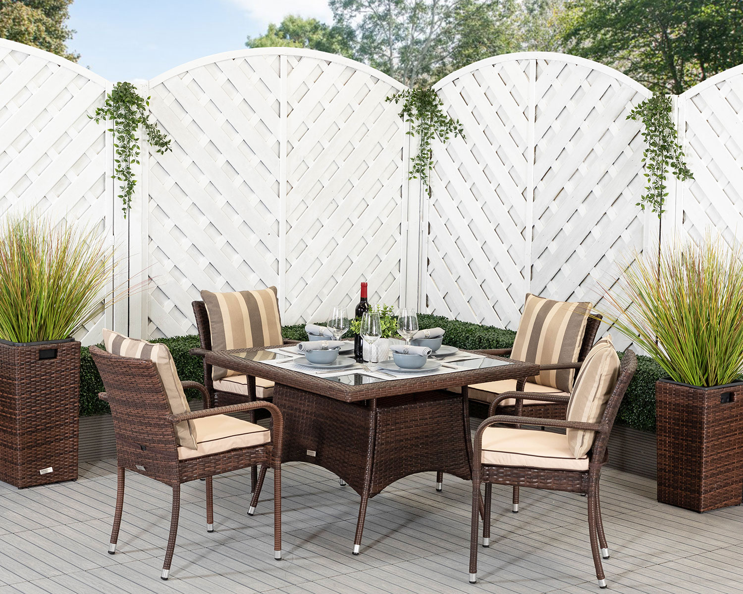 Product photograph of 4 Seat Rattan Garden Dining Set With Square Dining Table In Brown - Roma - Rattan Direct from Rattan Direct
