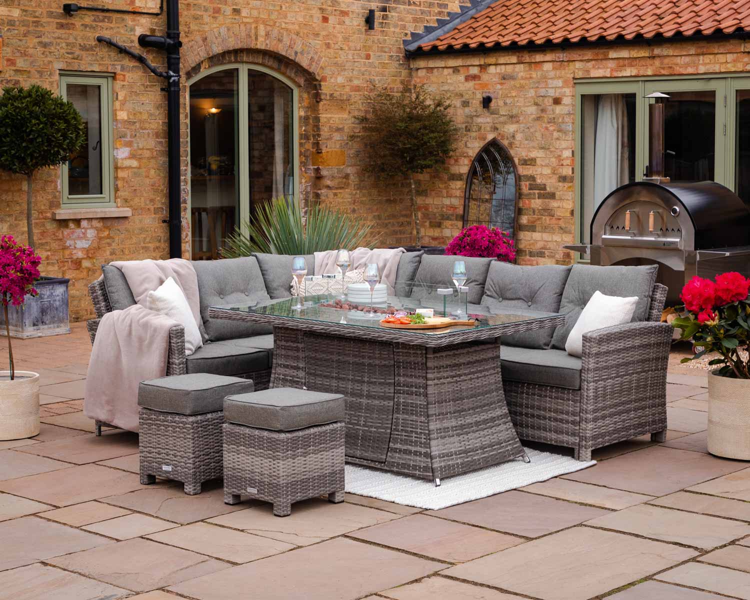 Product photograph of Rattan Garden Corner Dining Set With Rectangular Fire Pit Table In Grey - Sorrento - Rattan Direct from Rattan Direct