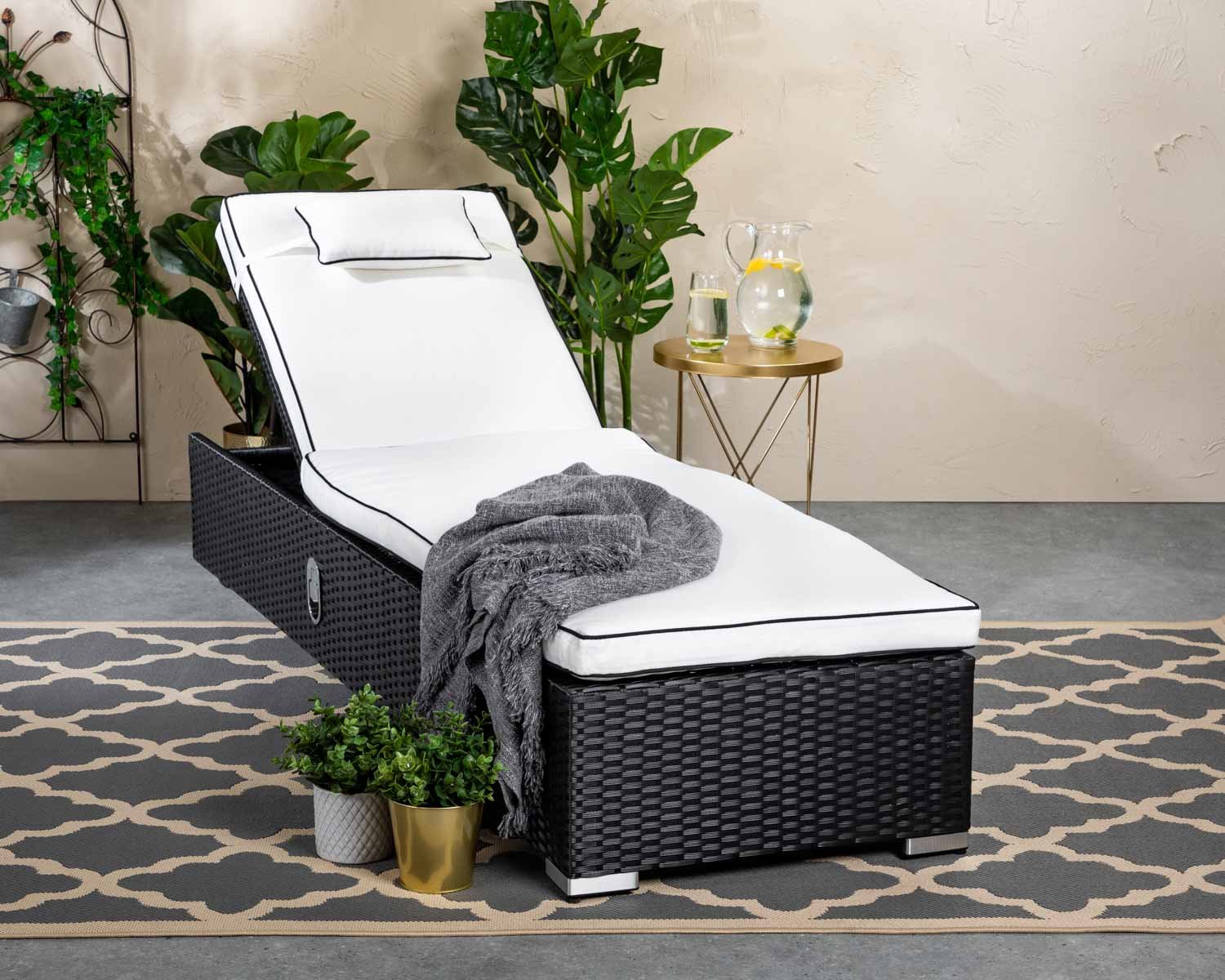 Product photograph of Miami Rattan Garden Sun Lounger In Black White - Rattan Direct from Rattan Direct