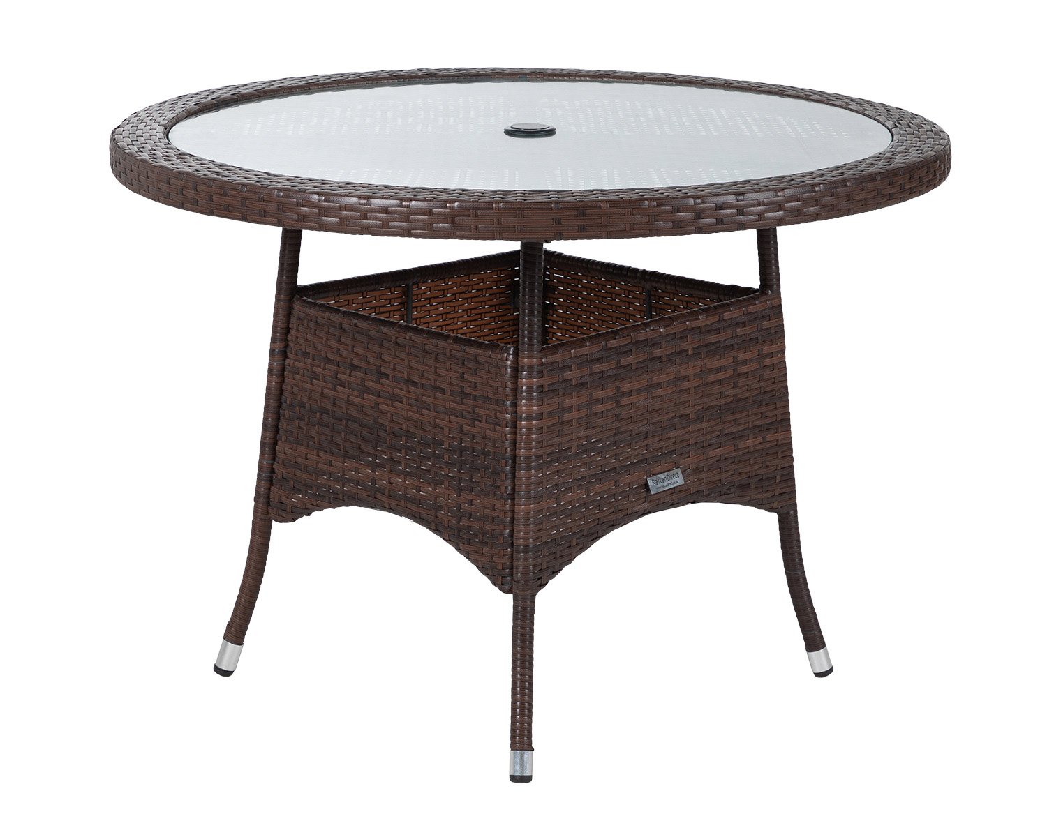 Product photograph of Rattan Garden Small Round Dining Table In Brown With Glass Top - Rattan Direct from Rattan Direct