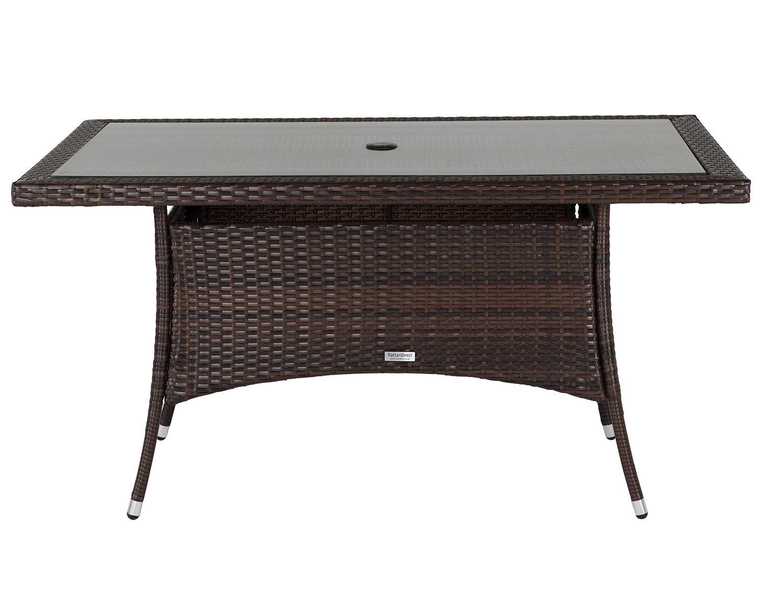 Product photograph of Rattan Garden Small Rectangular Dining Table In Brown With Glass Top - Rattan Direct from Rattan Direct