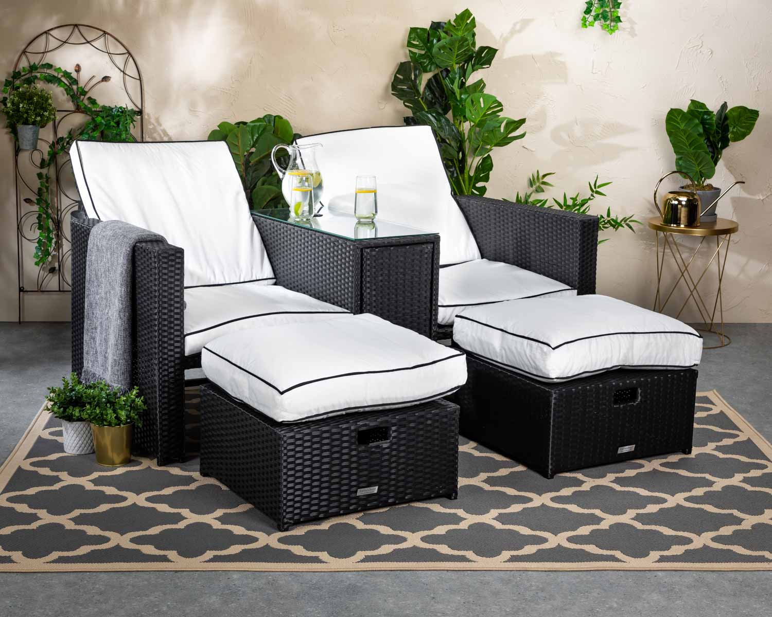 Product photograph of Rattan Garden Reclining Sun Lounger Set In Black White - Paris - Rattan Direct from Rattan Direct