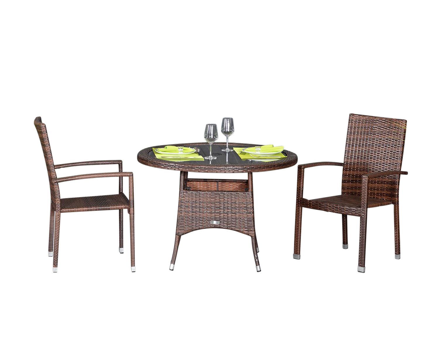 Small Round Rattan Garden Dining Table Amp 2 Armed Stacking Chairs In Brown Rio Rattan Direct