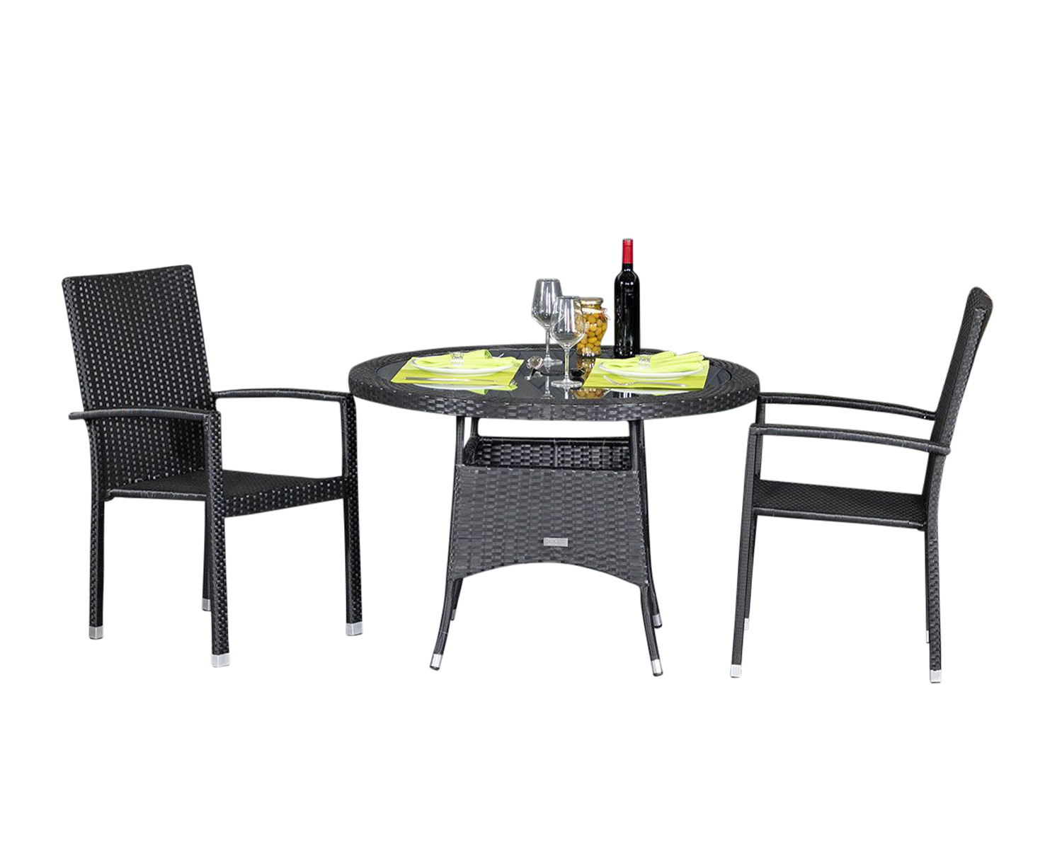 Small Round Rattan Garden Dining Table Amp 2 Armed Stacking Chairs In Black Rio Rattan Direct
