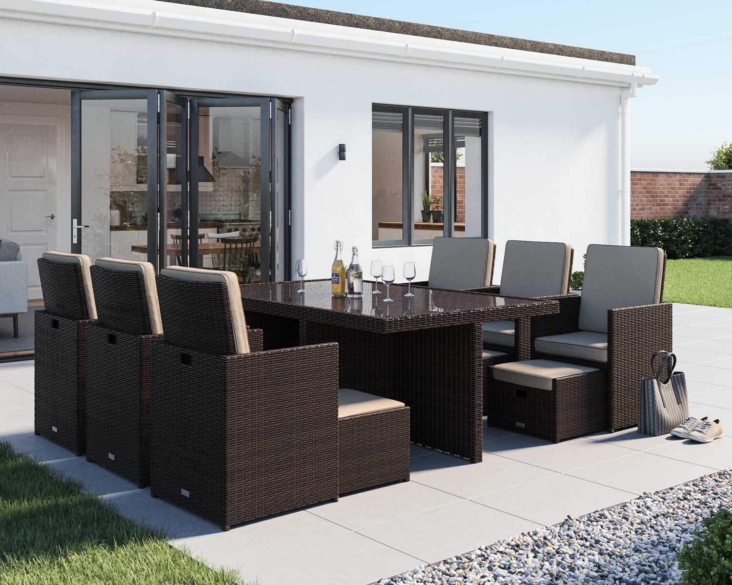 6 Seat Rattan Garden Cube Dining Set In Brown With Footstools Barcelona Rattan Direct