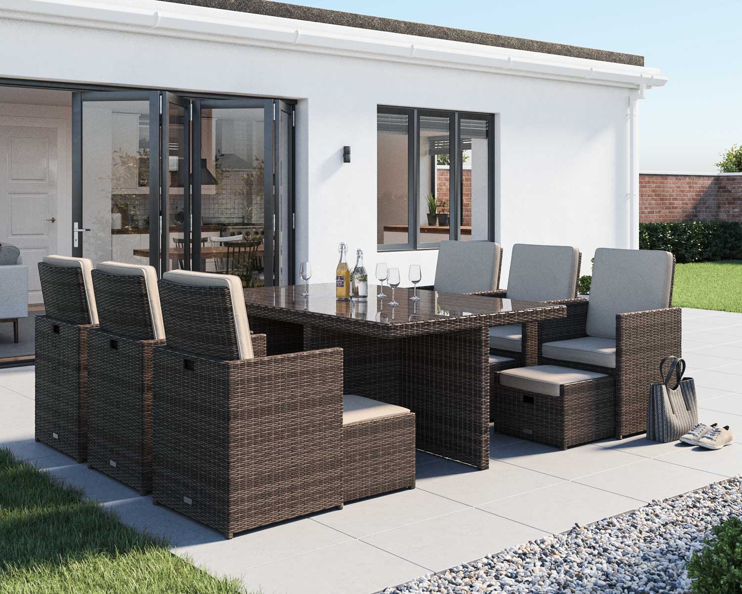 6 Seat Rattan Garden Cube Dining Set In Truffle Brown With Footstools 13 Piece Barcelona Rattan Direct