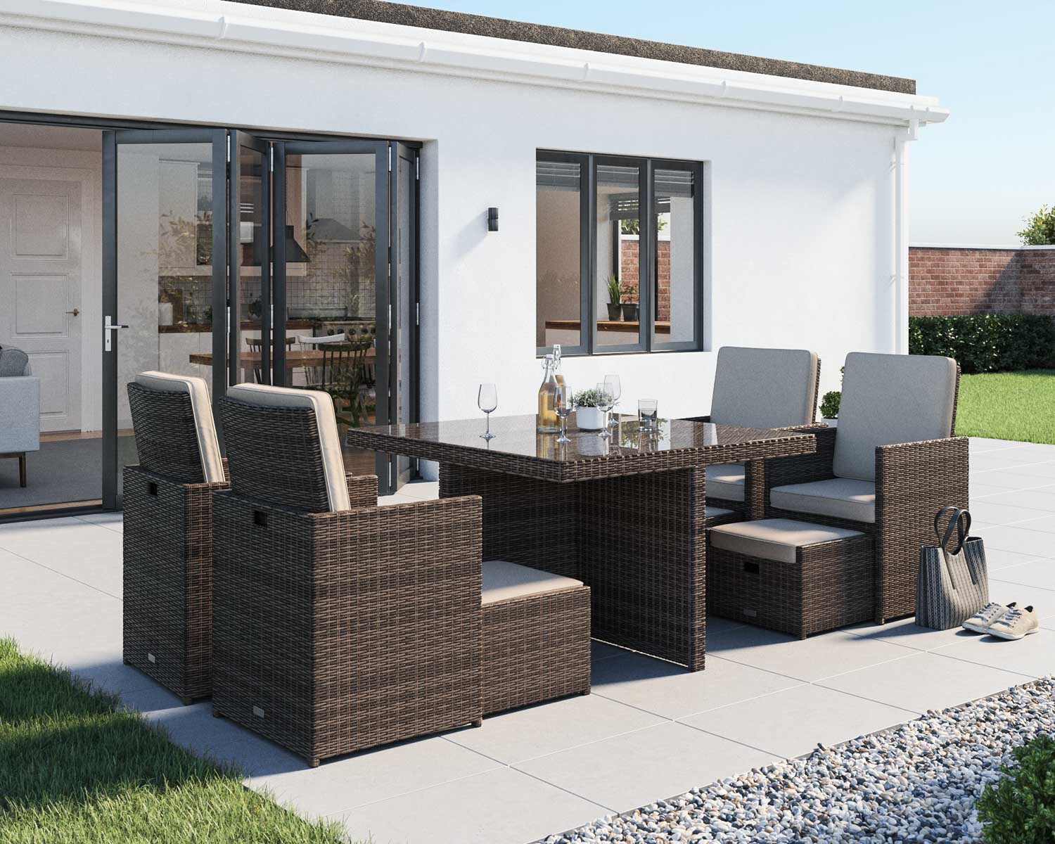 4 Seat Rattan Garden Cube Dining Set In Truffle Brown With Footstools Barcelona Rattan Direct