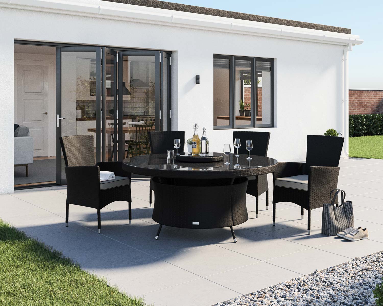 4 Rattan Garden Chairs Amp Large Round Dining Table Set In Black Amp White Cambridge Rattan Direct