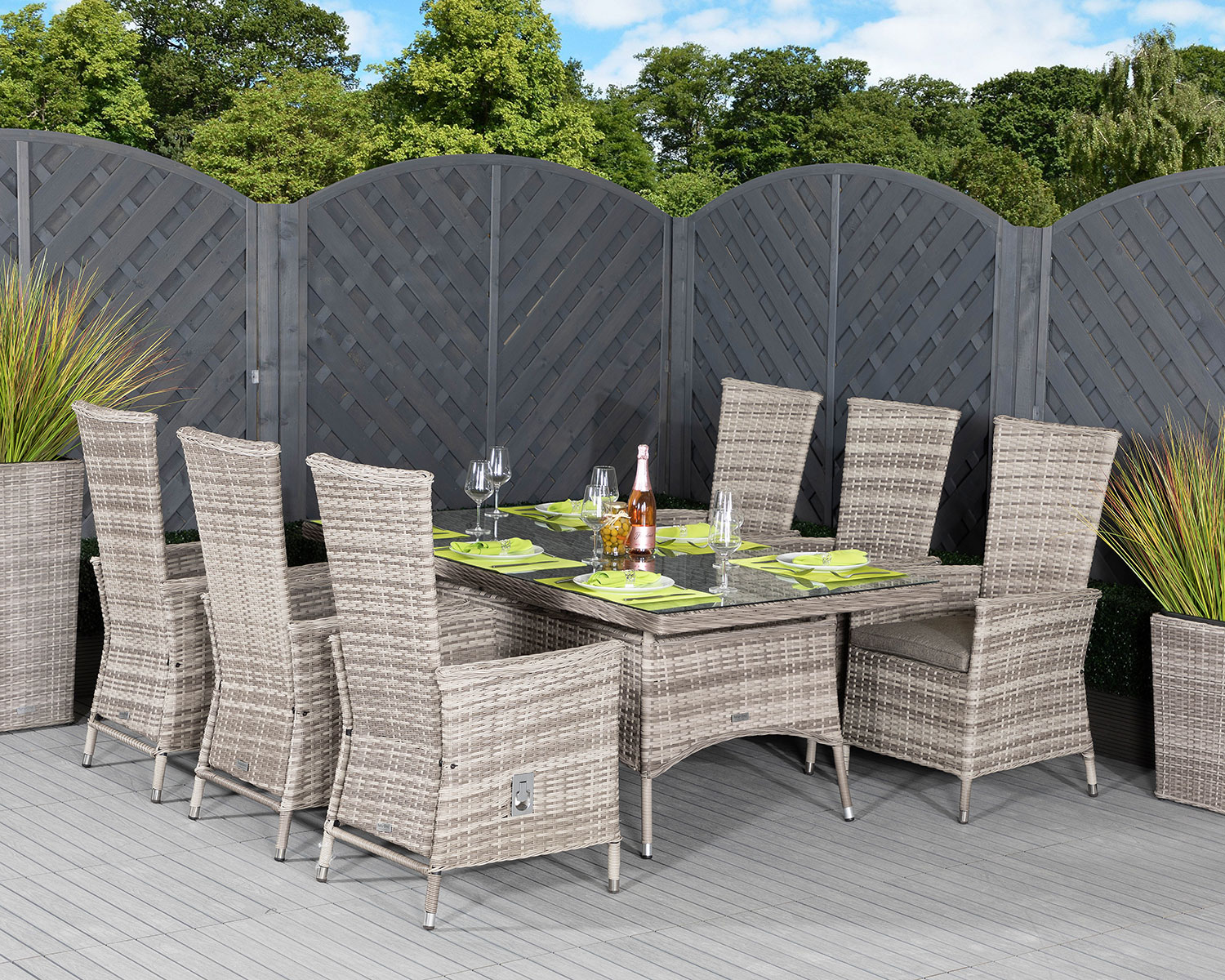 6 Seat Rattan Garden Dining Set With Large Rectangular Table In Grey With Cambridge Rattan Direct