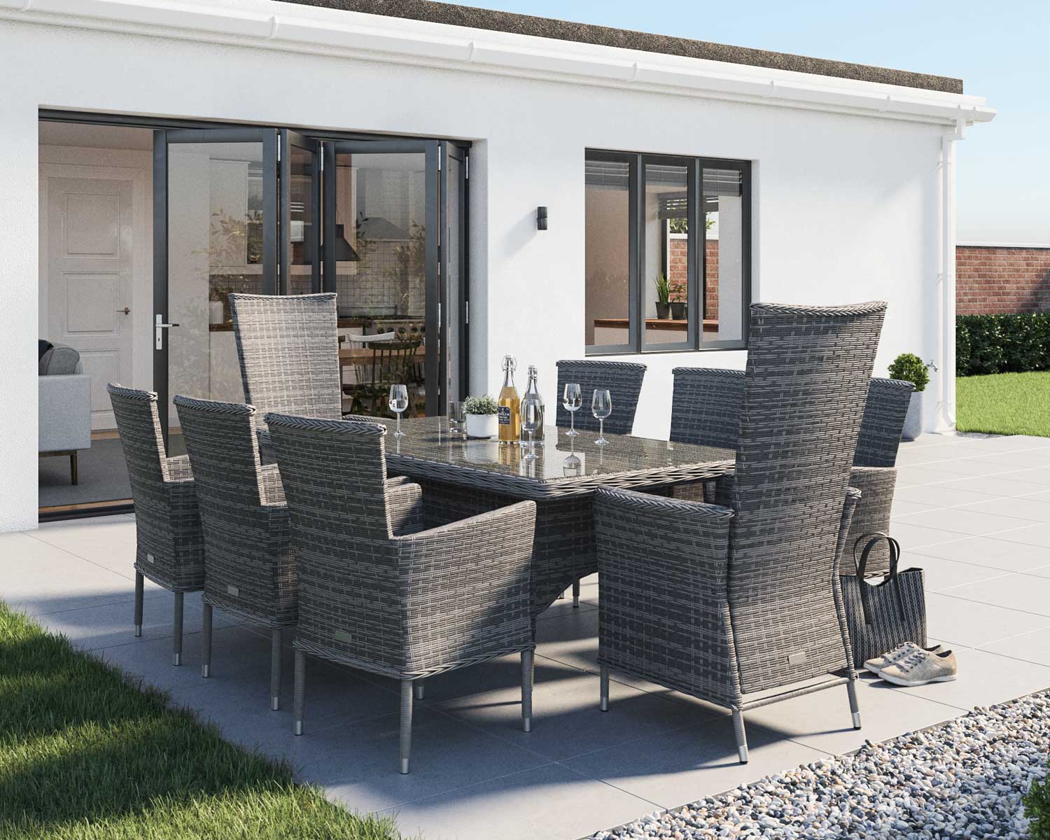 Rectangular Rattan Garden Dining Table Set In Grey With 8 Chairs Cambridge Rattan Direct