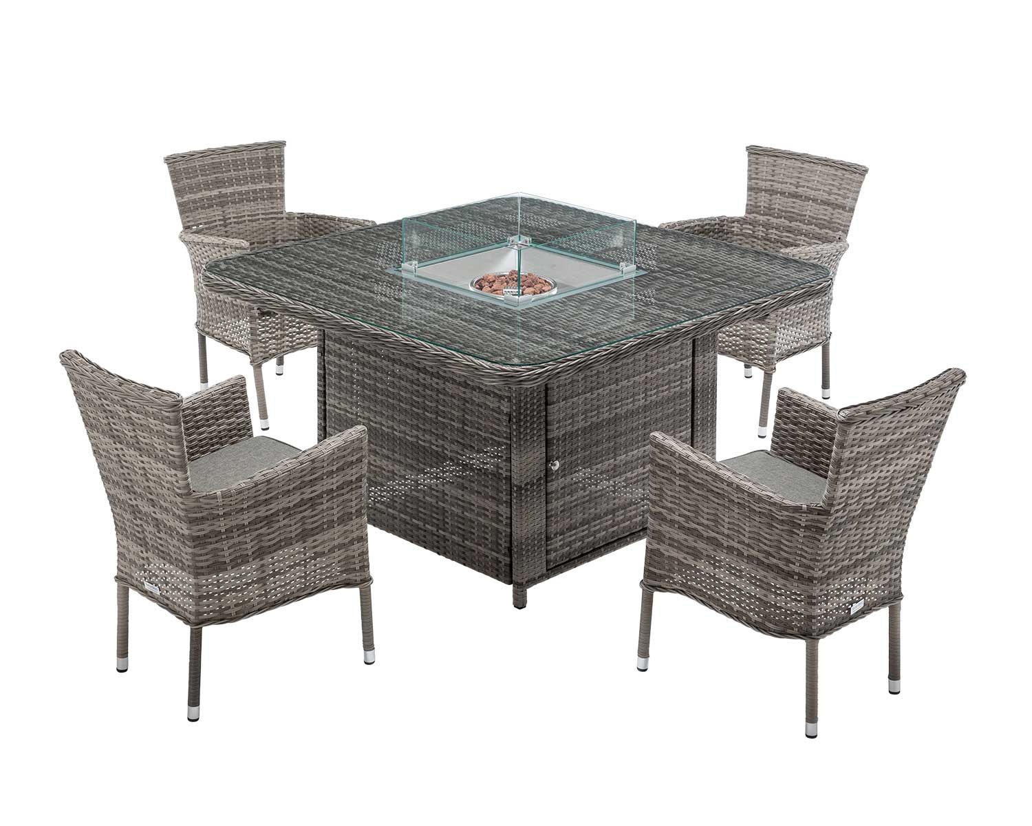 4 Seat Rattan Garden Dining Set With Square Table In Grey With Fire Pit Cambridge Rattan Direct