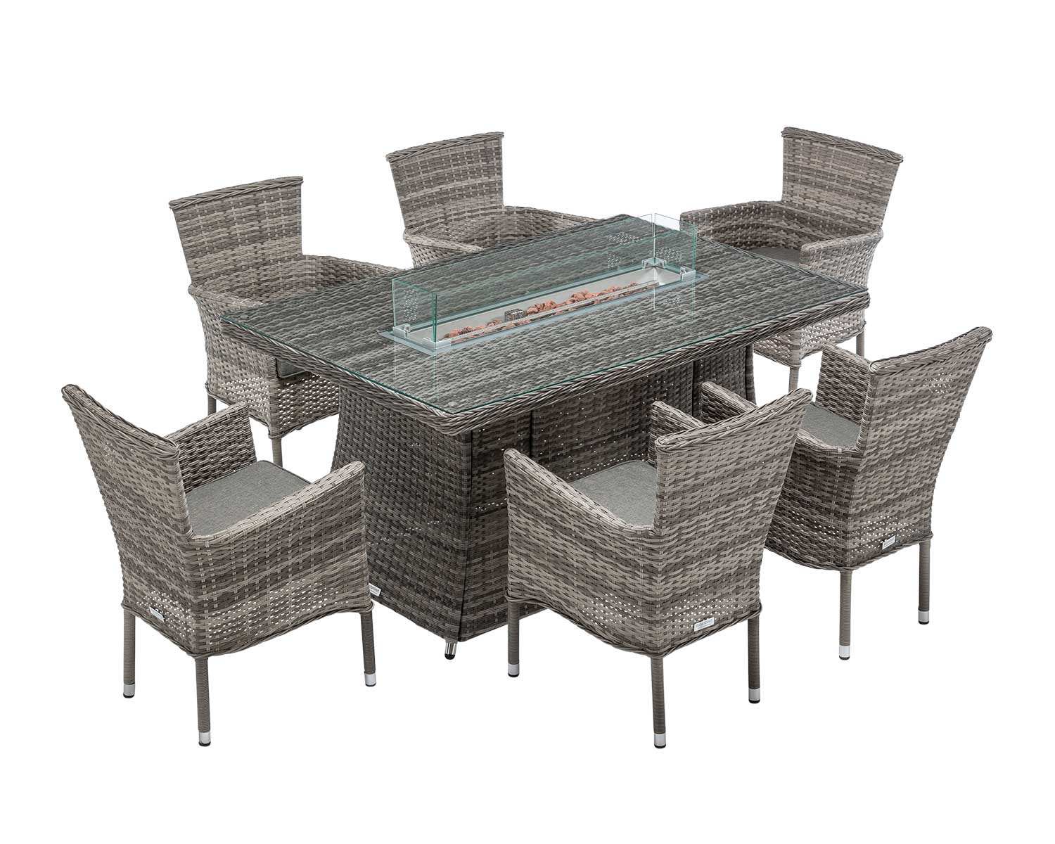 6 Seat Rattan Garden Dining Set With Rectangular Table In Grey With Fire Pit Cambridge Rattan Direct