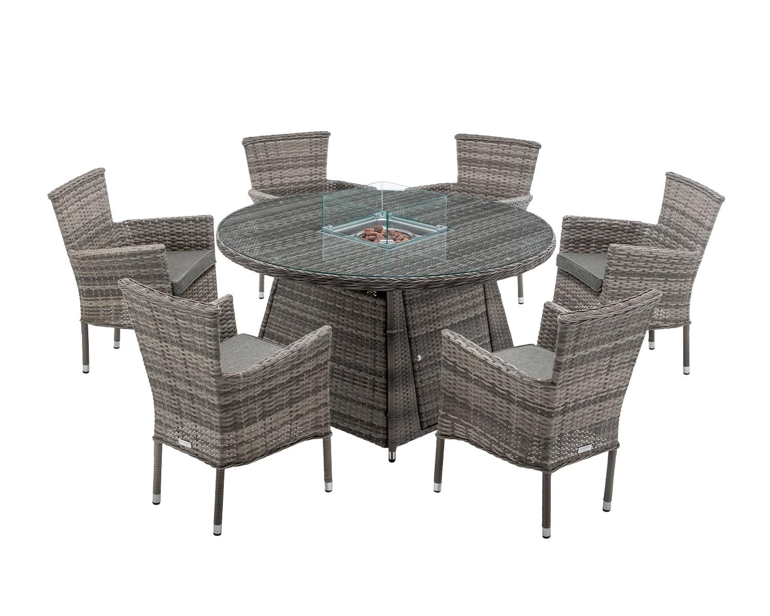 6 Seat Rattan Garden Dining Set With Round Table In Grey With Fire Pit Cambridge Rattan Direct