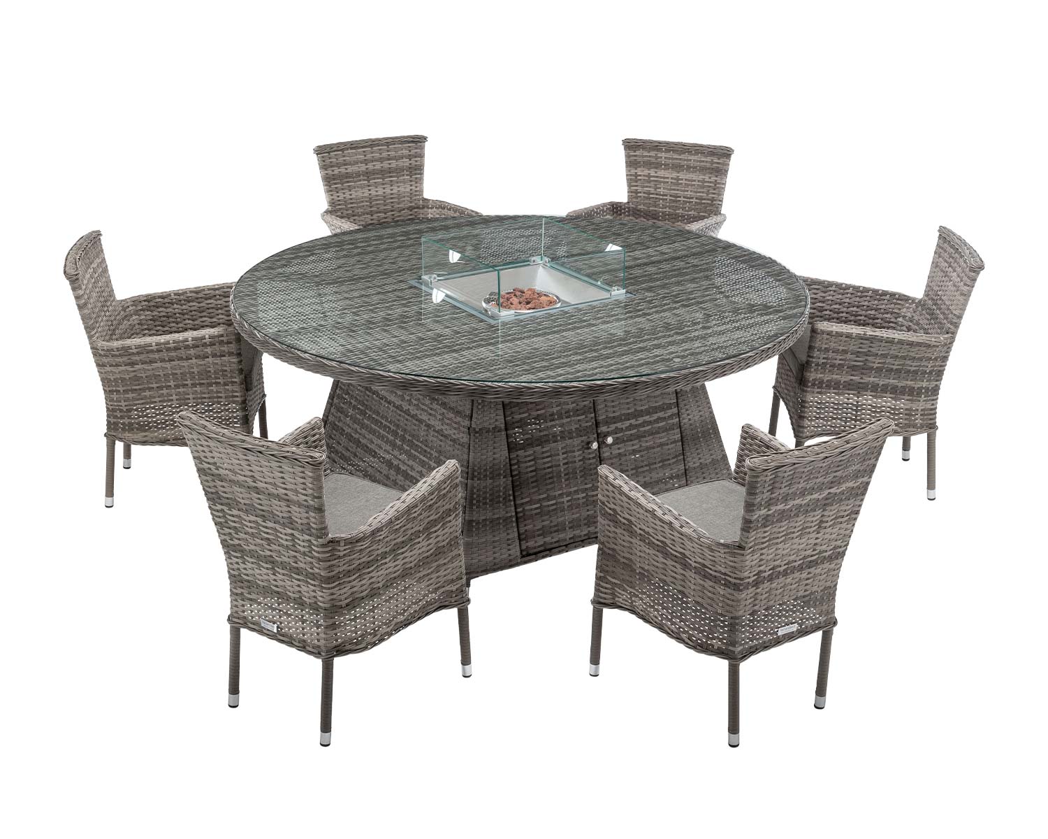 6 Seat Rattan Garden Dining Set With Large Round Table In Grey With Fire Pit Cambridge Rattan Direct