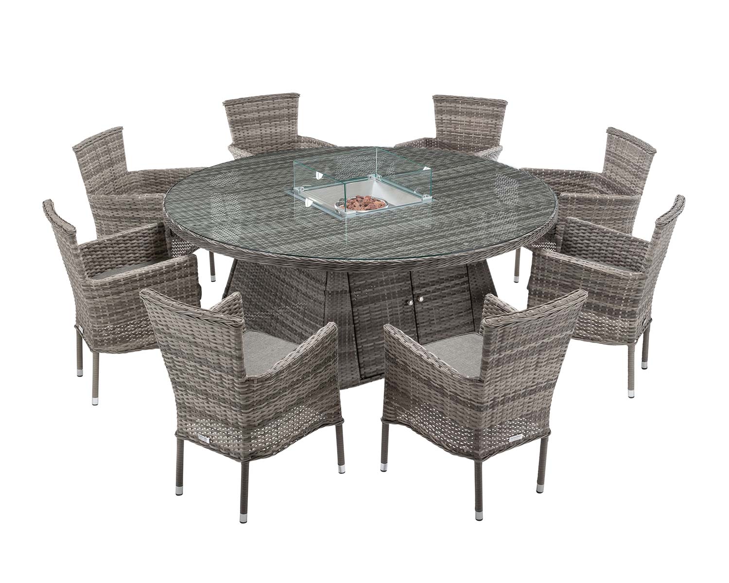 8 Seater Rattan Garden Dining Set With Large Round Table In Grey With Fire Pit Cambridge Rattan Direct