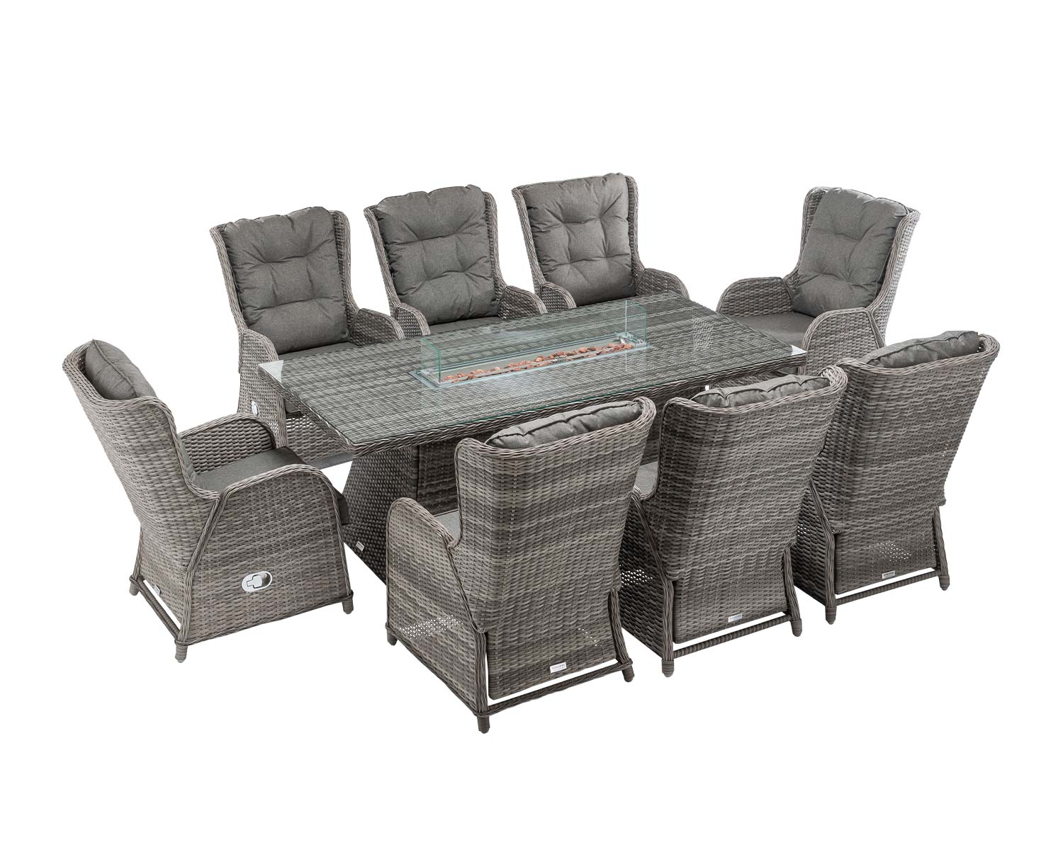 8 Reclining Rattan Garden Chairs Amp Large Rectangular Fire Pit Dining Table In Grey Fiji Rattan Direct