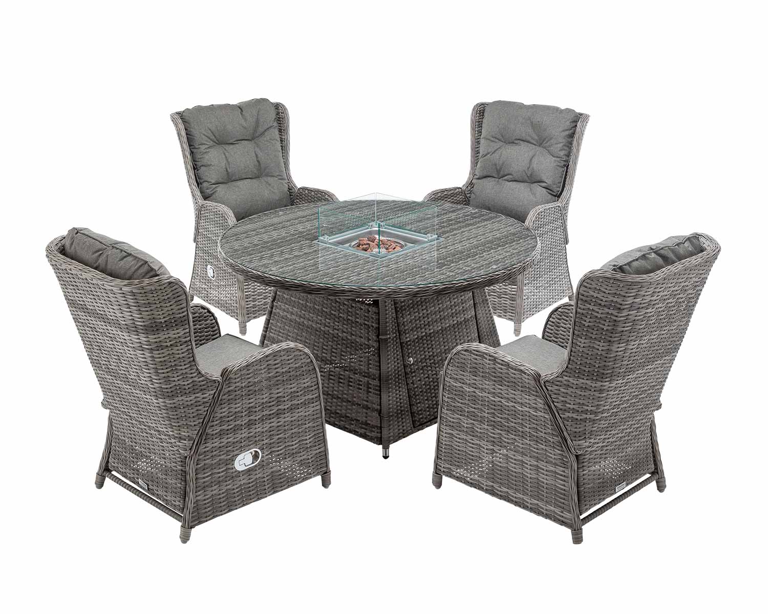 4 Reclining Rattan Garden Chairs Amp Round Fire Pit Dining Table In Grey Fiji Rattan Direct