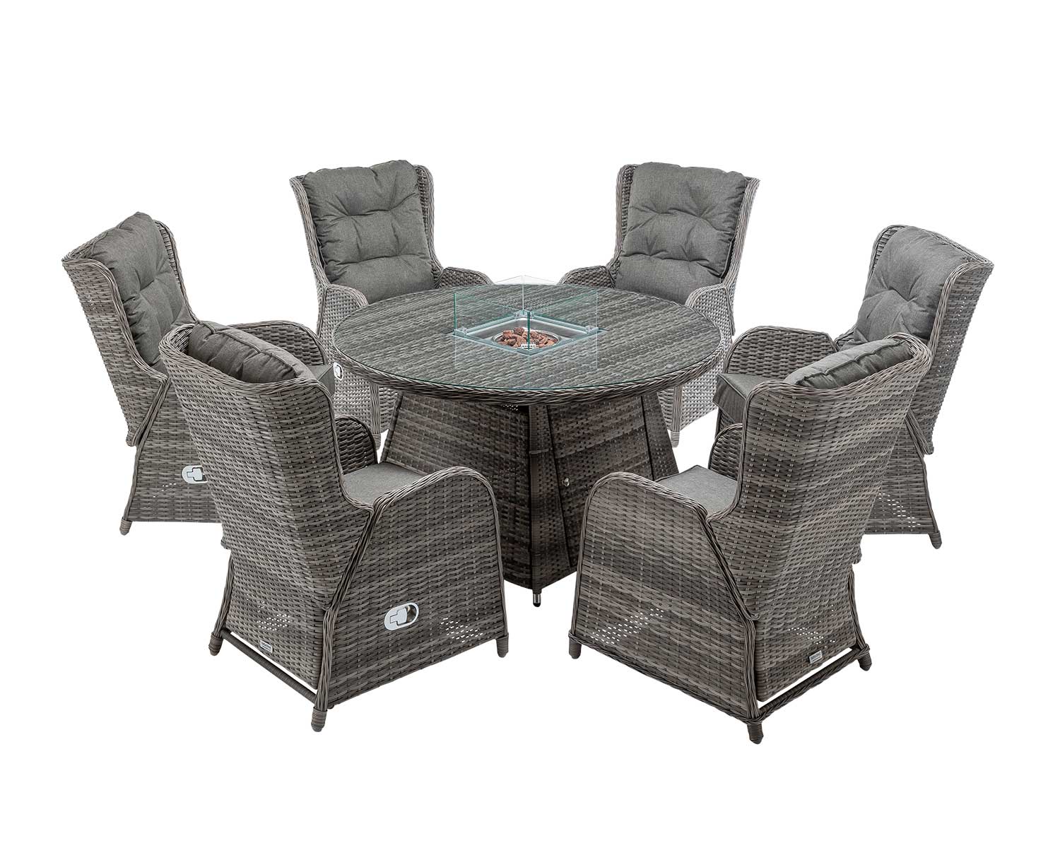 6 Reclining Rattan Garden Chairs Amp Round Fire Pit Dining Table In Grey Fiji Rattan Direct