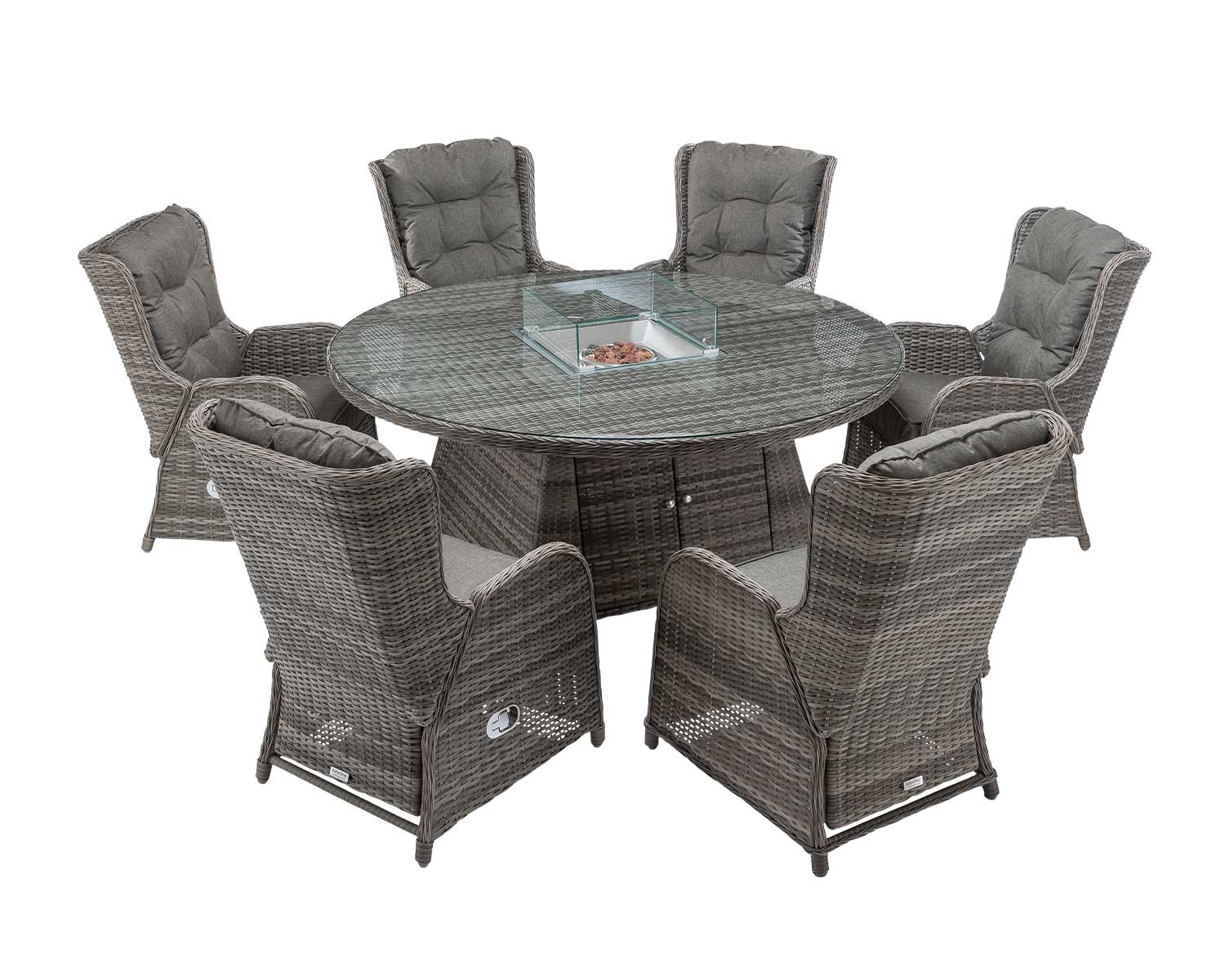 6 Reclining Rattan Garden Chairs Amp Large Round Fire Pit Dining Table In Grey Fiji Rattan Direct