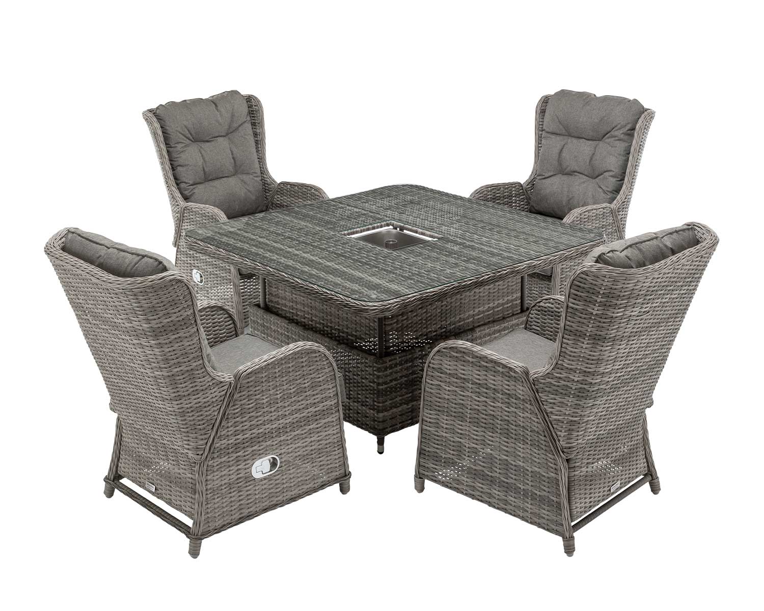 4 Reclining Rattan Garden Chairs Amp Square Ice Bucket Dining Table In Grey Fiji Rattan Direct