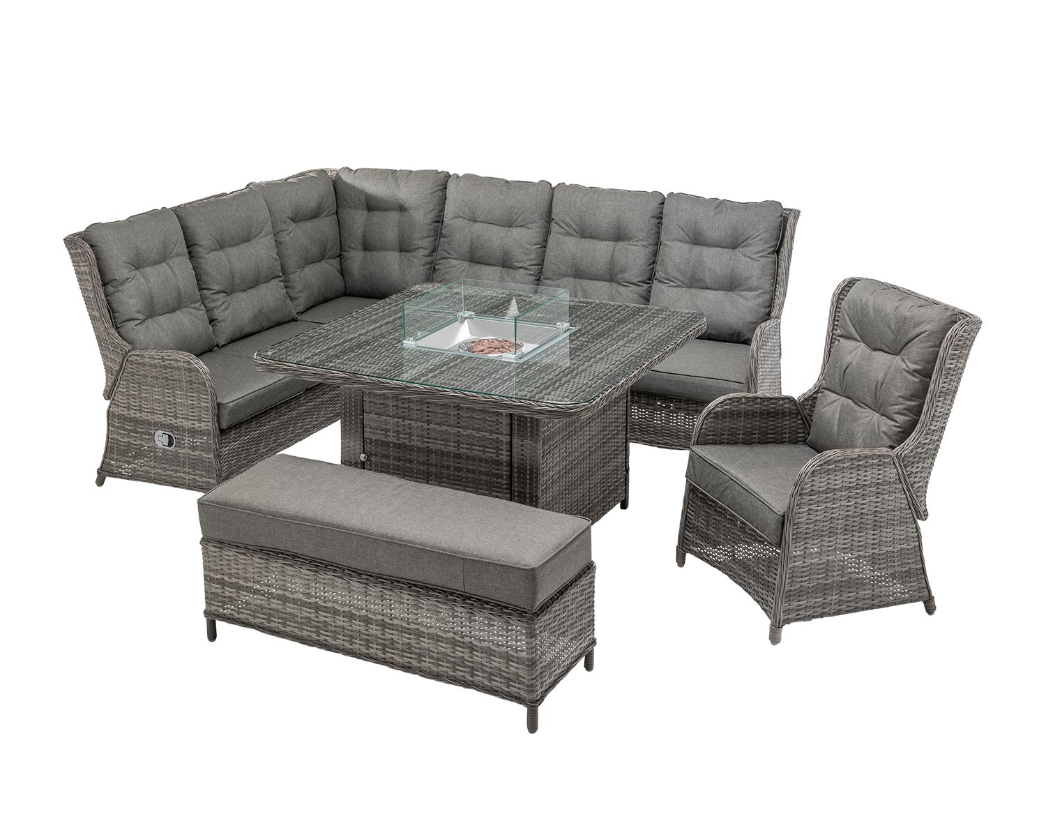 Reclining Rattan Corner Sofa Set With Square Fire Pit Table In Grey Fiji Rattan Direct